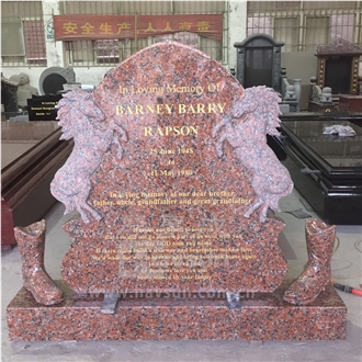 China Maple Red Granite Two Double  Horses Headstone