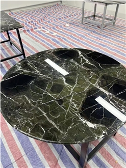 Oval Design Dark Green Marble Table Top For Restaurant Decor