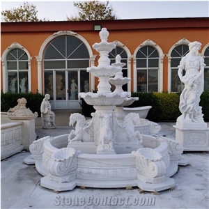 4 Horses White Marble Carving Water Fountain