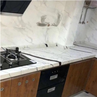 Panda White Artificial Quartz Black Veins Kitchen Top