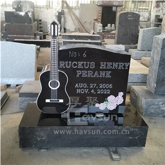 Indian Black Granite Guitar Shape Rose Etched Headstone
