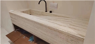 Integrated Travertino Super White Counter Sink For Bathroom