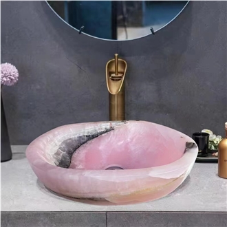 Round Green Onyx With Brown Veins Wash Basin For Bathroom