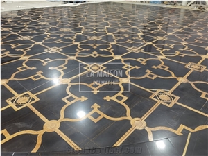 St Laurent Marble Inlay Bamboo Wood Medallions Floor Tile
