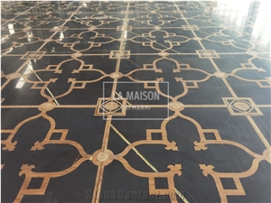 St Laurent Marble Inlay Bamboo Wood Medallions Floor Tile
