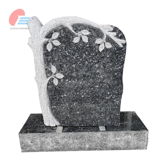 Blue Pearl Granite Engraved Tombstone With Tree Trunk