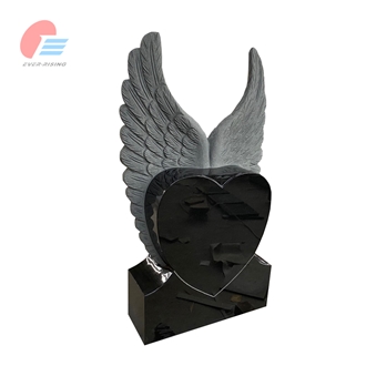 India Black Polished Heart Tombstone With Carved Angel Wings