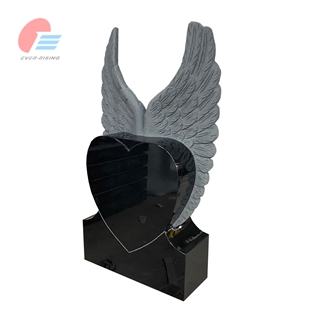 India Black Polished Heart Tombstone With Carved Angel Wings