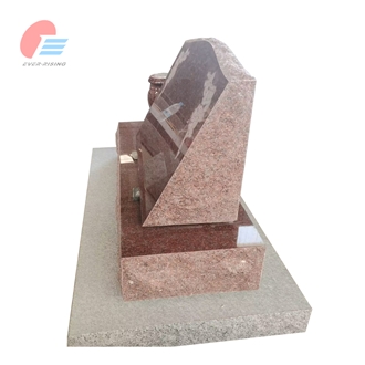 India Red Granite Polished Slant Monument With Rose Carving