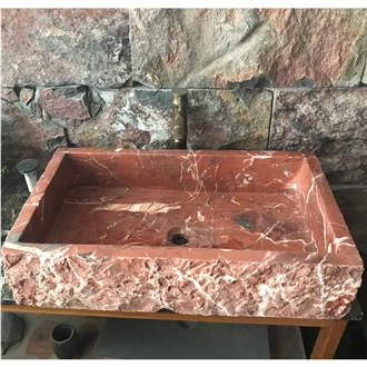 Coral Red Marble Farm Sink Polished Inside Nature Outside