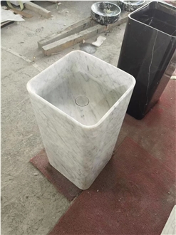 Solid Marble Carrara Square Pedestal Wash Basin For Bath