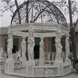Customized Garden Gazebo Hand Carved White Marble Decor