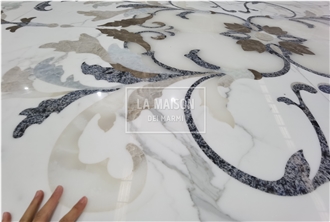 Calacatta White & Gray Marble Floor Waterjet Medallion Patterns