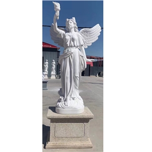 White Marble Angel Garden Statue With Torch Right
