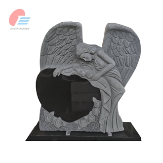 India Black Granite Angel Monument Holding Heart With Roses