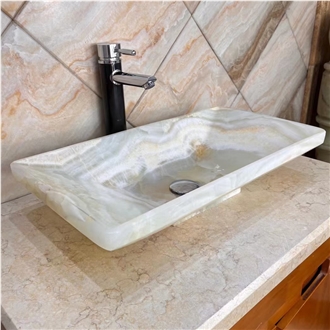 White Onyx Rectangle Bathroom Sink Full Polished