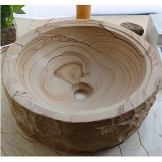 Wooden Vein Sandstone Wash Basin Polished Inside Nature Outside