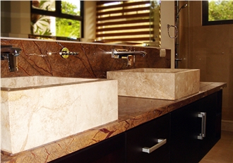 Rain Forest Brown Marble Bathroom Counter- Travertine Basins