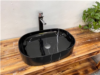 Oval Nero Marquina Black Marble Washbasin