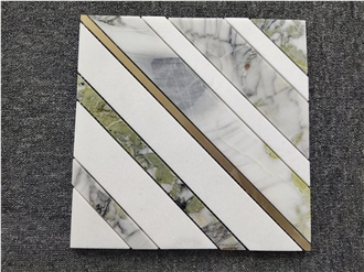 Emerald Green - White Marble Stripped Mosaic Tiles