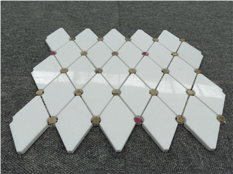 White Marble Elongated Octagon With Gold Dots Mosaic Tiles