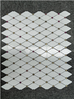 White Marble Elongated Octagon With Gold Dots Mosaic Tiles