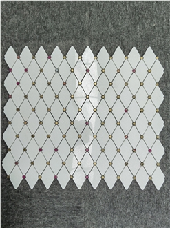 White Marble Elongated Octagon With Gold Dots Mosaic Tiles