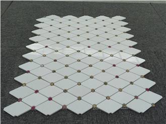 White Marble Elongated Octagon With Gold Dots Mosaic Tiles