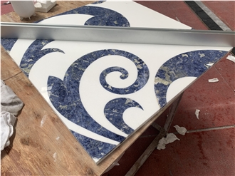 Blue Sodalite Stone Waterjet Inlay Pure White Marble Floor Medallions