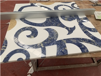 Blue Sodalite Stone Waterjet Inlay Pure White Marble Floor Medallions