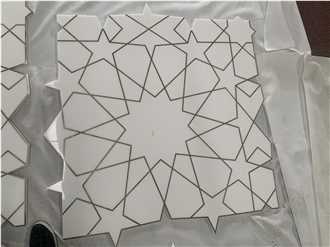 Thassos White Marble Brass Inlay Floor Medallions For Villa