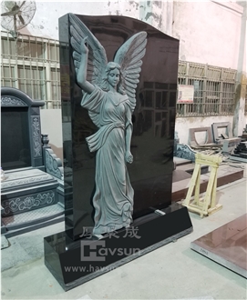 Indian Black Granite Carved Angel Pointing To Sky Monument