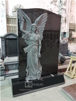 Indian Black Granite Carved Angel Pointing To Sky Monument