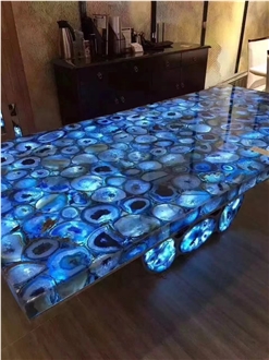 Blue Agate Gemstone Backlit Round Table Tops