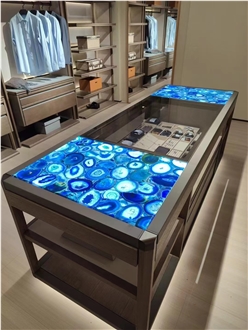 Blue Agate Gemstone Backlit Round Table Tops
