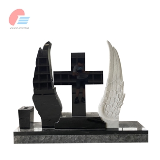 Black Granite Cross Tombstone With White Marble Carved Wings