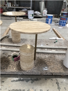 Custom Small Classic Travertine Light Round Side Tables