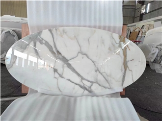 CNC Cut Marble Calacatta Statuario Oval Restaurant Table Top