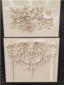 Beige Flower Raised Marble Relief, Hand-Made Carvings