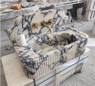 Calacatta Viola Marble Sink Fluted Hand Carved Round Corner