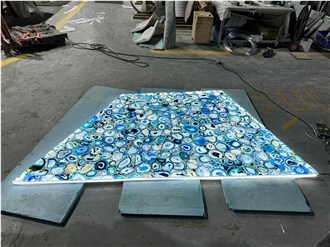 Custom Backlit Blue Agate Stone Flooring Semiprecious Tiles