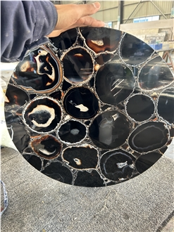 Natural Gemstone Black Agate Stone Round Table Tops