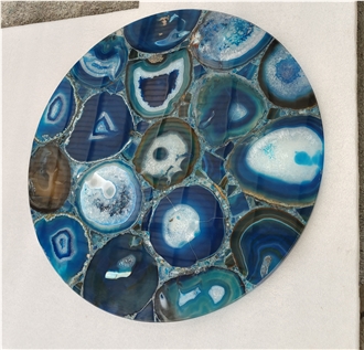 Natural Polished Blue Agate Semiprecious Stone Solid Surface Table Tops