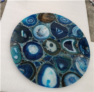 Natural Polished Blue Agate Semiprecious Stone Solid Surface Table Tops