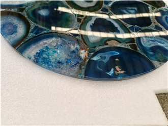 Natural Polished Blue Agate Semiprecious Stone Solid Surface Table Tops
