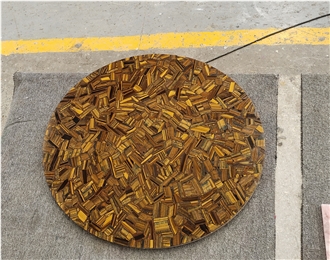 Round Yellow Tiger Eye Semiprecious Stone Coffee Table Tops
