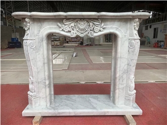 Sculptured White Marble Indoor Fireplace Mantel Surround