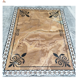 China Yellow-Brown Onyx Waterjet Cut Pattern Inlay Medallion