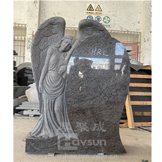 Bahama Blue Granite Standing Angel With Open Wings Headstone