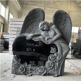 Black Granite Reclining Angel With Heart  Monument